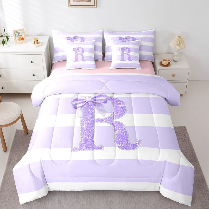 Erosebridal Bling Glitter Print Stripes Twin Bedding Sets 7-Piece For Boys Girls,Teens Purple Bow R Letter Monogrammed Bedding Comforter Set,Pink Reversible