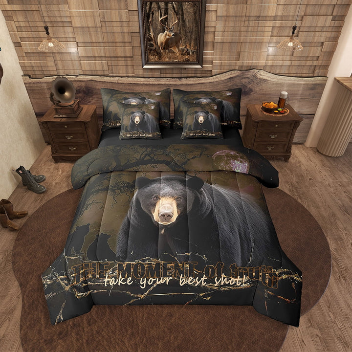 7-Piece Rustic Bear Comforter Set Twin Size,Wildlife Bear Hunting Theme Bed Set,Animal Comforter + Flat Sheet + Fitted Sheet + 2 Pillowcases + 2 Throw Pillow Covers