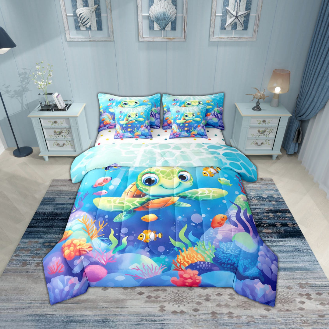 Erosebridal Sea Turtle Bedding Sets Twin Size,Sea Animal Comforter Sets with Sheets,Teenager Bedroom Decor,Reversible,Breathable,7pcs