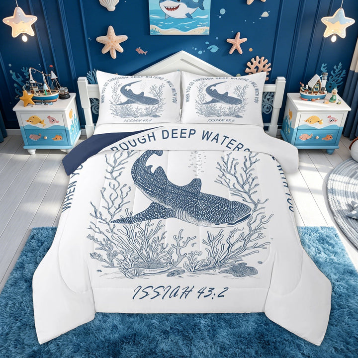 meiyoeat Whale Shark Full Size Comforter Sets for Kids Boys, Cartoon Ocean Animal Bedding Comforter Set for Bedroom, Blue White, Blue Reversible, 3pcs