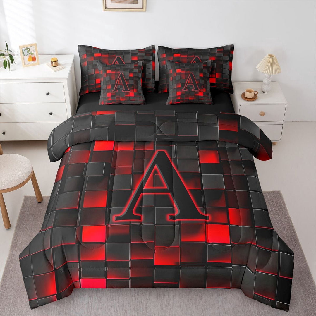 Erosebridal Letter Monogrammed A Boy Twin Bedding Sets 7-Piece,Teens Children Black Red Futuristic Cubes Bedding Comforter Set,Black Reversible