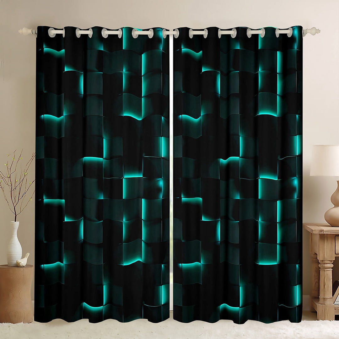 Erosebridal Geometric Plaid Curtains Pack of 2 (42Wx63L),Black Teal Black Out Curtains,Futuristic Cubes Curtains for Living Room,Neon Bedroom Decoration