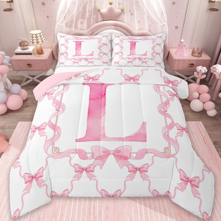 Erosebridal Cute Coquette Bowknot Full Size Comforter Sets,Girls Pink L Alphabet Letter Bedding Sets For Kids,Reversible pink,3-Piece