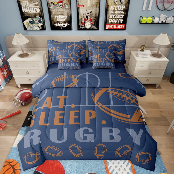 Rugby Bed in a Bag Twin Sport Game Ball Theme Comforter Set with Sheets Football Room Decor Bed Set Sports Bedding Sets Teen Rugby Sports Sheets 7 Pcs Navy Blue Brown