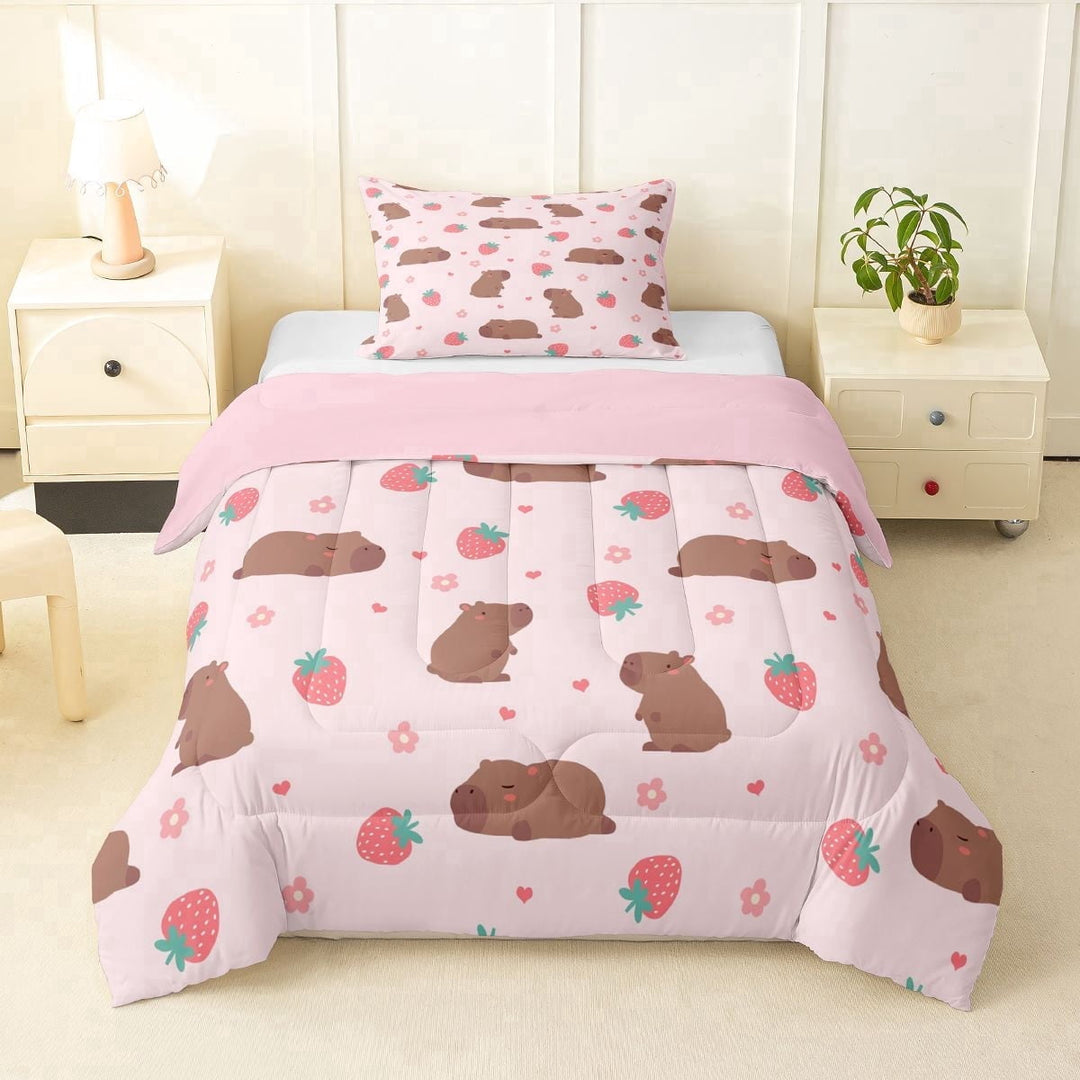 Erosebridal Kawaii Animal Capybara Twin Comforter Sets 3-Piece For Child Boys Girls,Kids Cute Flowers Strawberry Bedding Set,Pink Reversible