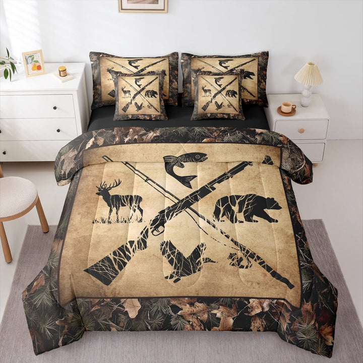 Erosebridal Hunting And Fishing Comforter Set Full Tree Camo Bedding Set With Sheets Adults Woodland Wildlife Bass Fish Duck Bear Deer Bed In A Bag Rustic Farmhouse Cabin Bed Set 7 Piece