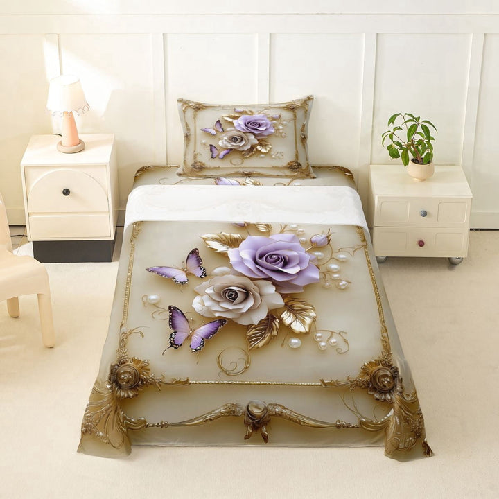Erosebridal Teens Floral Rose Butterflies Twin Sheet Sets 3pcs,Romantic Vintage Bedding For Girls Boys,Gold Purple