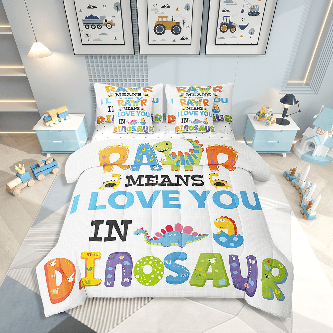 7Pcs Cartoon Dino Comforter Set Twin,Cute Dinosaurs Bedding Comforter Set,Kawaii Animals Roar Bed In A Bag Colorful Dino Egg Bed Sets With Comforter And Sheets