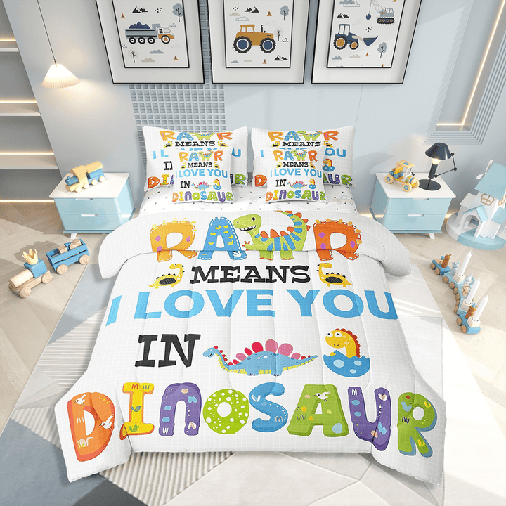 7Pcs Cartoon Dino Comforter Set Twin,Cute Dinosaurs Bedding Comforter Set,Kawaii Animals Roar Bed In A Bag Colorful Dino Egg Bed Sets With Comforter And Sheets