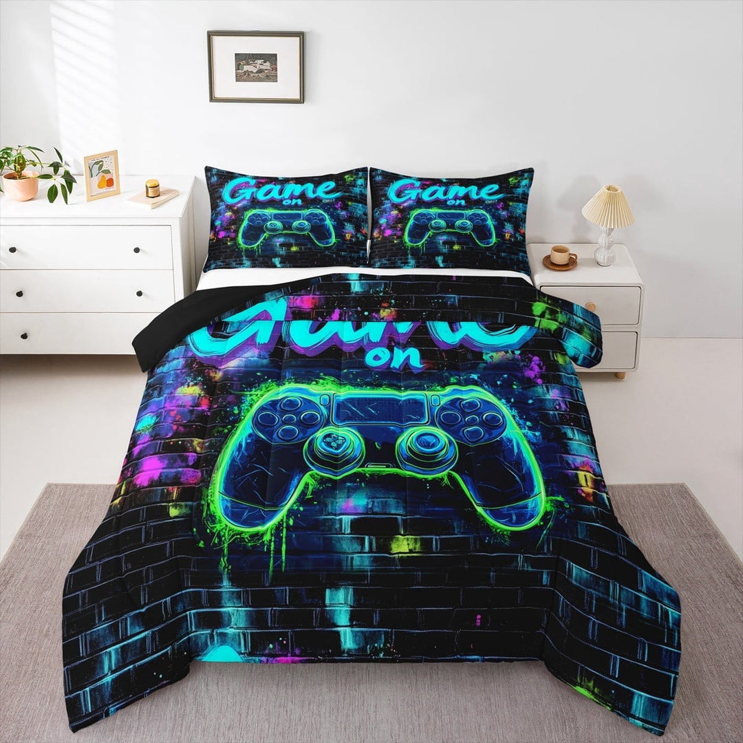 Erosebridal Teal Gamepads Bedding Twin Comforter Set,Geometric Plaid Down Comforter,Video Game Bedding Sets Twin with Comforter,Microfiber Gamer Room Decorative,Reversible,3pcs