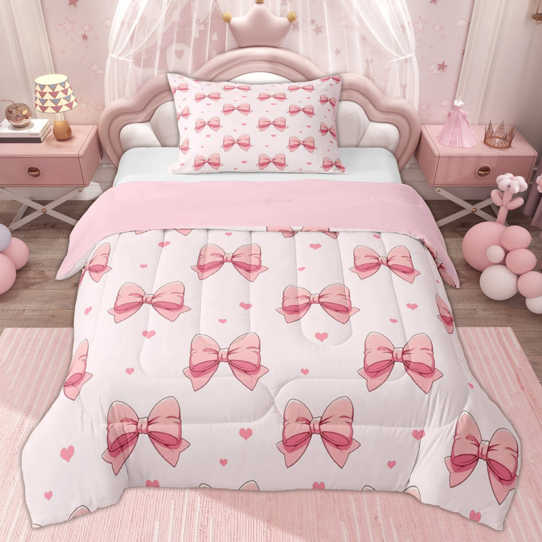 Erosebridal Pink Princess Bow Twin Comforter Sets, Cartoon Love Heart Bedding Set for Girls, 2-Piece