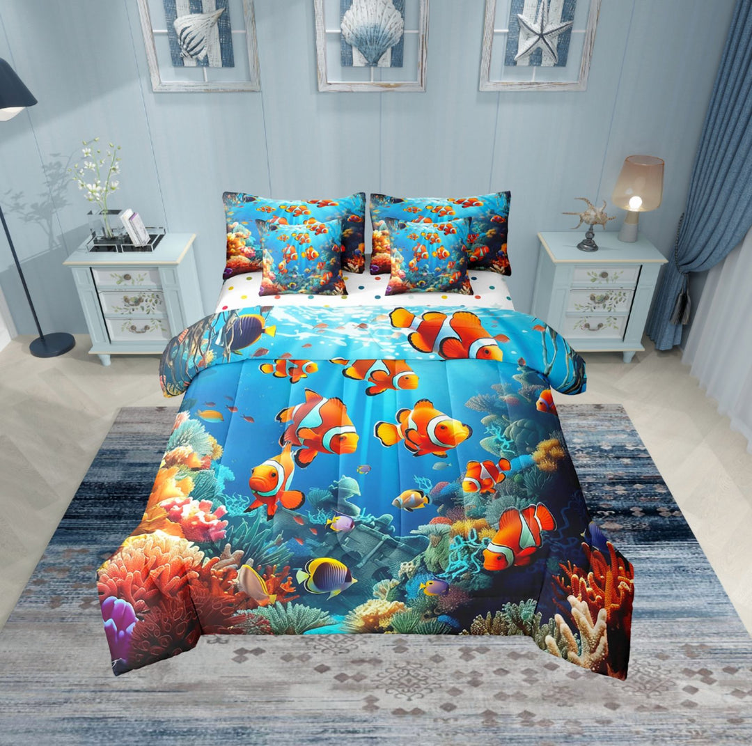 Erosebridal Gold Fish Bedding Sets Twin Size, Underwater World Comforter Sets with Sheets, Ocean Animals Reversible Bed Set, Breathable Bedroom Decor, 7-Piece
