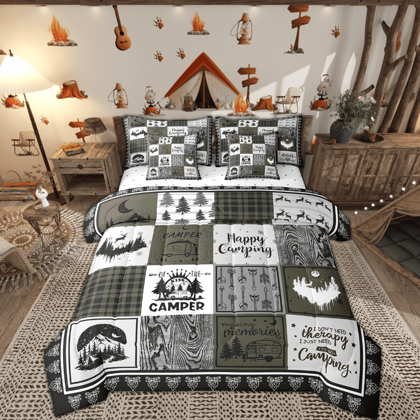 7 Piece Rv Camper Comforter Set King Adults,Rustic Cabin Camping Bedding Set for Travel Trailer,Buffalo Plaid Decor Bed in a Bag with Sheets,Woodland Bed Set with Pillowcases
