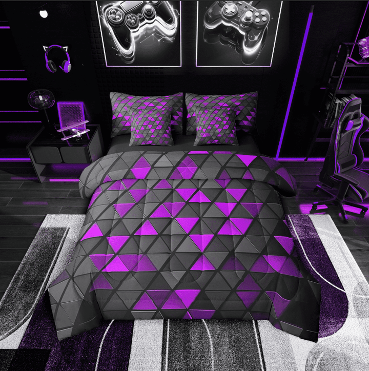 Erosebridal Neon Geometric Bedding Sets Twin Size,Gradient Triangle Comforter Sets with Sheets,Room Decorative,Black Purple,Reversible,7pcs