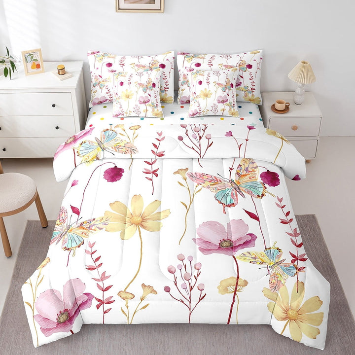 YST 7 Piece Watercolor Floral Butterfly Bedding Set Twin, Hot Pink Flower Comforter Set For Kids Teens Adult Women, Rustic Farmhouse Sheet Set With Comforter Plant Branches Pastoral Bed Set