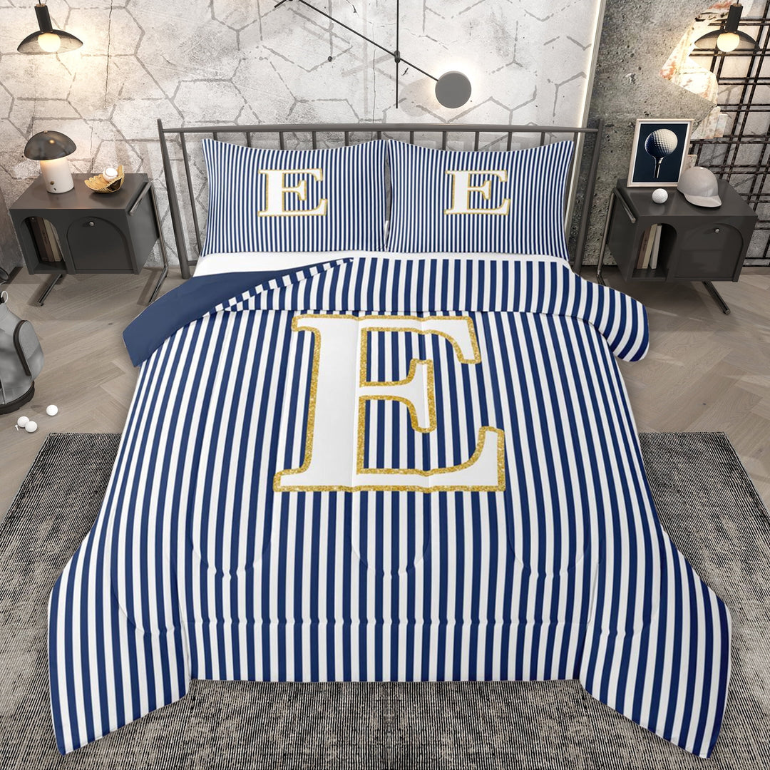Erosebridal Kids Cartoon Monogrammed E Queen Comforter Set, Navy Stripes Ombre Bedding Comforter Set, 3pcs