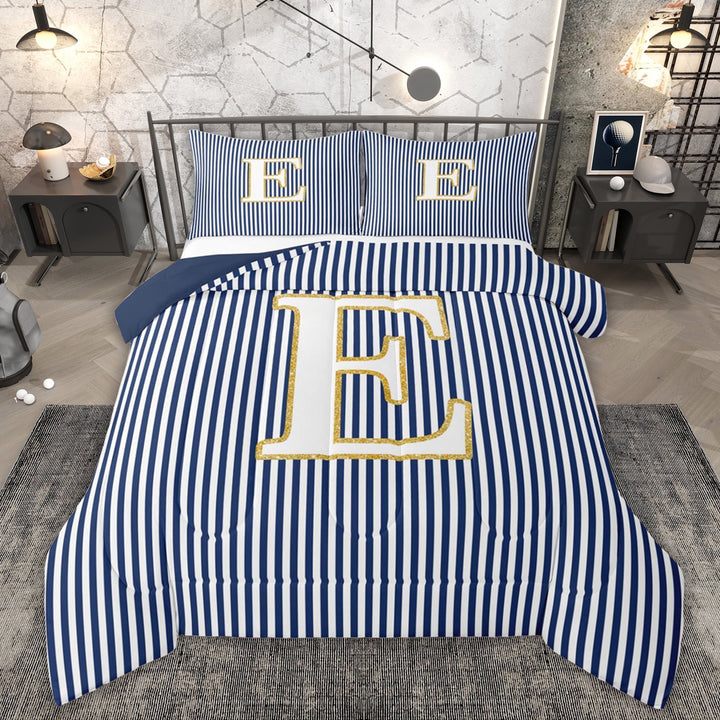 Erosebridal Kids Cartoon Monogrammed E Queen Comforter Set, Navy Stripes Ombre Bedding Comforter Set, 3pcs