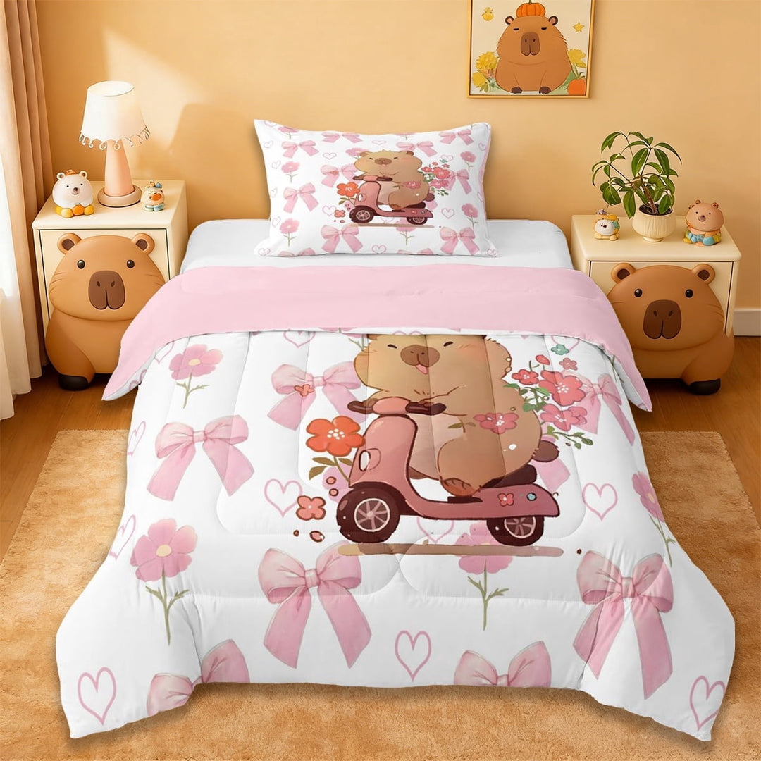 Erosebridal Brown Cartoon Capybaras Twin Comforter Sets,Funny Mouse Rodent Animal Bedding Set For Kids ,Reversible Pink 2 Pieces