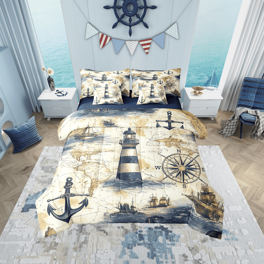 Erosebridal Ocean Lighthouse Bedding Sets Twin Size, Vintage Sailboat Comforter Sets with Sheets, Nautical Sailing Reversible Bed Set, Lightweight Bedroom Decor, 7pcs