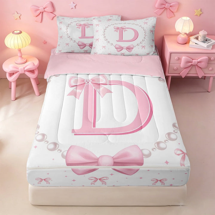 meiyoeat Ribbon Letter Print D Zipper Full Size Comforter Sets with Fitted Sheet and 2 Pillowcases For Kids,Fashion Women Pearl Necklace Zipper Bedding Set,Pink Reversible,4 Pieces