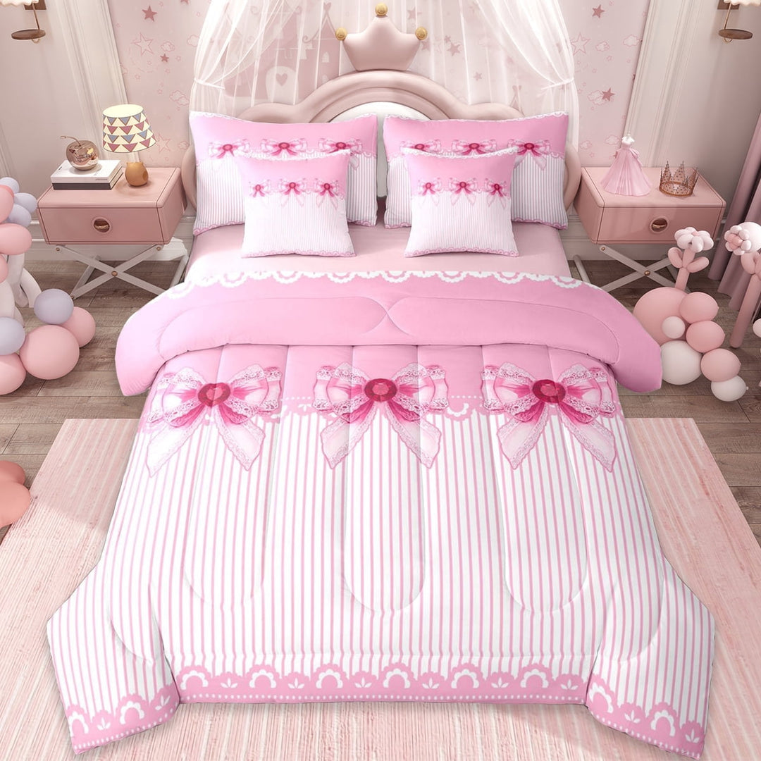 Erosebridal Hotpink Bow 7-Piece Twin Bedding Sets For Bowtie Girl,Ribbon Bowknot Bedding Comforter Set,Dreamy Princess Style Bows,Reversible