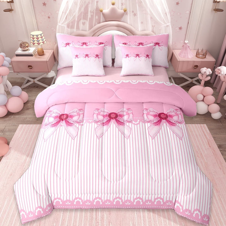 Erosebridal Hotpink Bow 7-Piece Twin Bedding Sets For Bowtie Girl,Ribbon Bowknot Bedding Comforter Set,Dreamy Princess Style Bows,Reversible