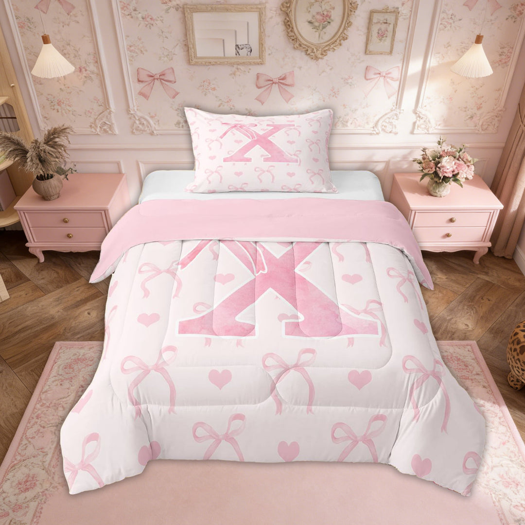 Erosebridal Kawaii Bowknot Bedding Sets Twin with Comforter, Initial X Duvet Insert, Romantic Initial A-Z Decor, Reversible