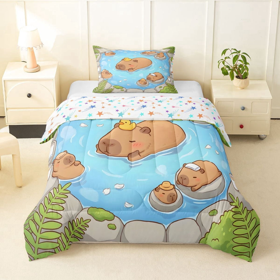 Erosebridal Kids Cute Capybara In The Water Twin Comforter Sets 3-Piece,Cartoon Animal Yellow Duck Bedding Set For Boys Girls,Breathable Home Decor