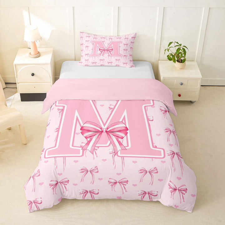 Erosebridal Girls Bow M Letter Monogrammed Twin Bedding,Teens Dreamy Princess Initial Bow Tie Duvet Cover Set,Pink Reversible,2pcs,No Comforter