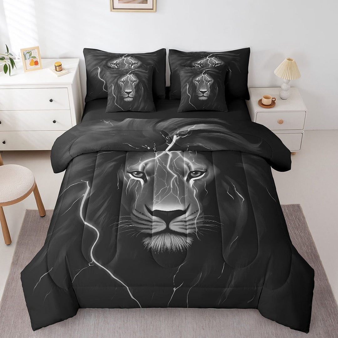Retro Lion Bedding Set Full 7 Piece Black Grey Lion Head Bed In A Bag With Sheets Vintage Safari Animal Comforter Set Teen Adults Men Lightning Wildlife Bed Set