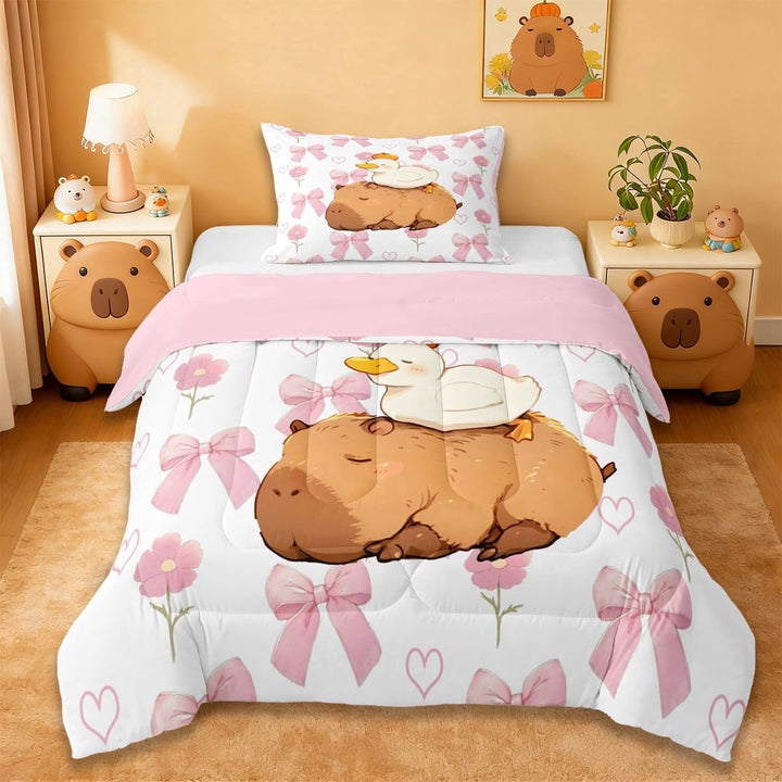 Erosebridal Brown Capybara Twin Comforter Sets,Kawaii Puppy Duck Bedding Set For Girls Kids ,Reversible Pink 2pcs