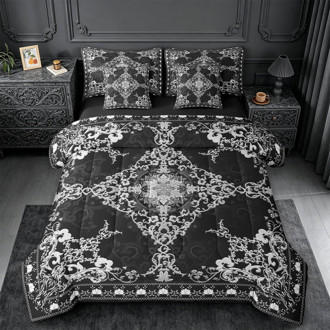 Erosebridal Retro Damask Flower 7pcs Bedding Comforter Set,Vintage Floral Queen Bedding Sets For Adults,Reversible black