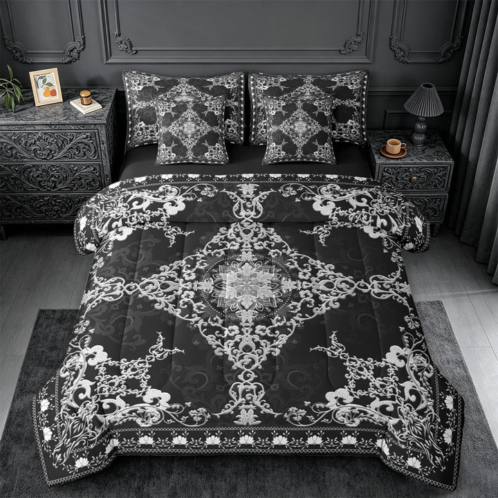 Erosebridal Retro Damask Flower 7pcs Bedding Comforter Set,Vintage Floral Queen Bedding Sets For Adults,Reversible black