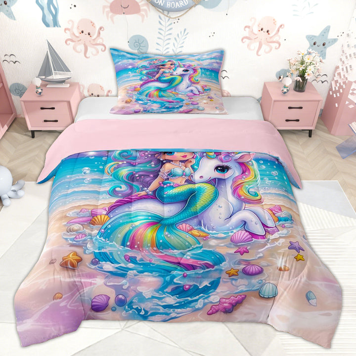 Erosebridal Girls Mermaid Princess Twin Comforter Sets, Magic Unicorn Bedding Set, Pink Reversible, 2 Pieces