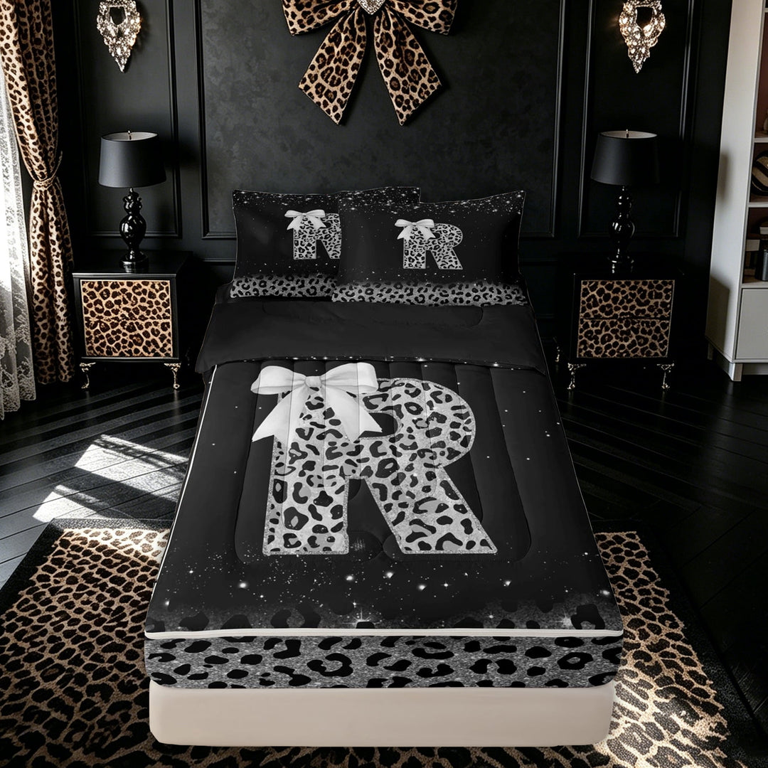 meiyoeat Leopard Print Print Letter Zipper Comforter Set with Fitted Sheet and 2 Pillowcases for Women, Glitter Initial Zipper Bedding Set for Home, Black Silver, Black Reversible, 3-Piece