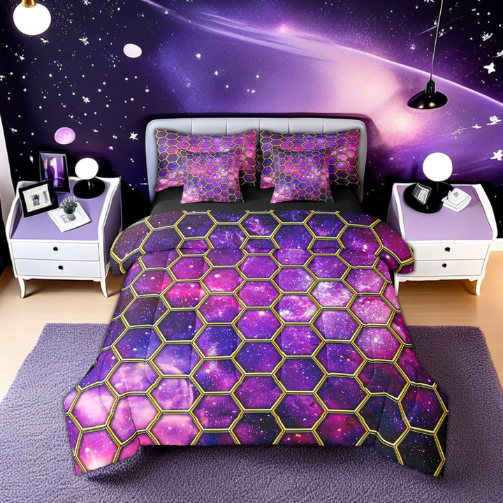 Erosebridal Pink Purple Galaxy Nebula Bed in a Bag Twin size, Geometry Hexagon Honeycomb Quilted Comforter, Lightweight 7pcs