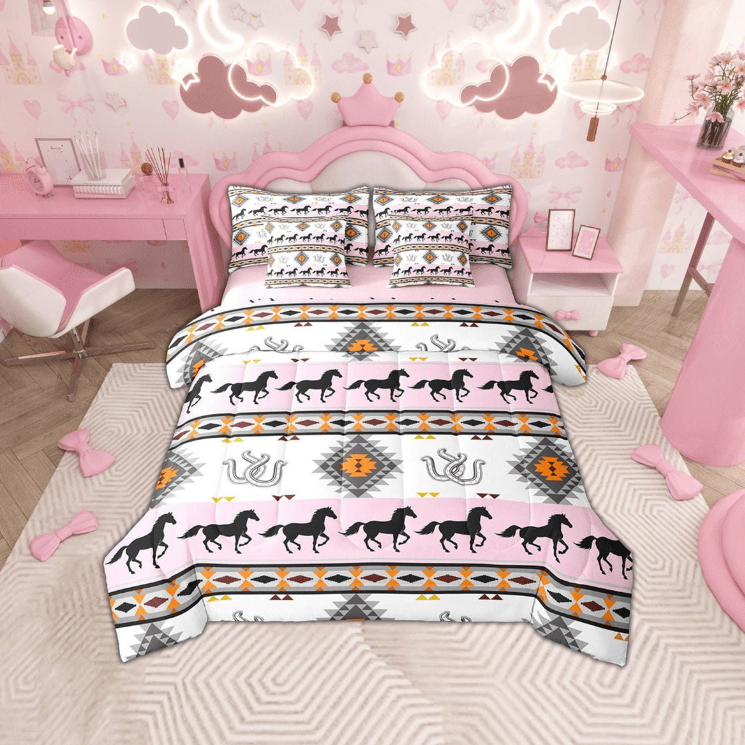 Erosebridal Pink Western Cowgirls Bed in a Bag Twin Size, Rustic Farmhouse Aztec Bed Set, Horse Horseshoes Bedroom Decor, Reversible 7 Pieces