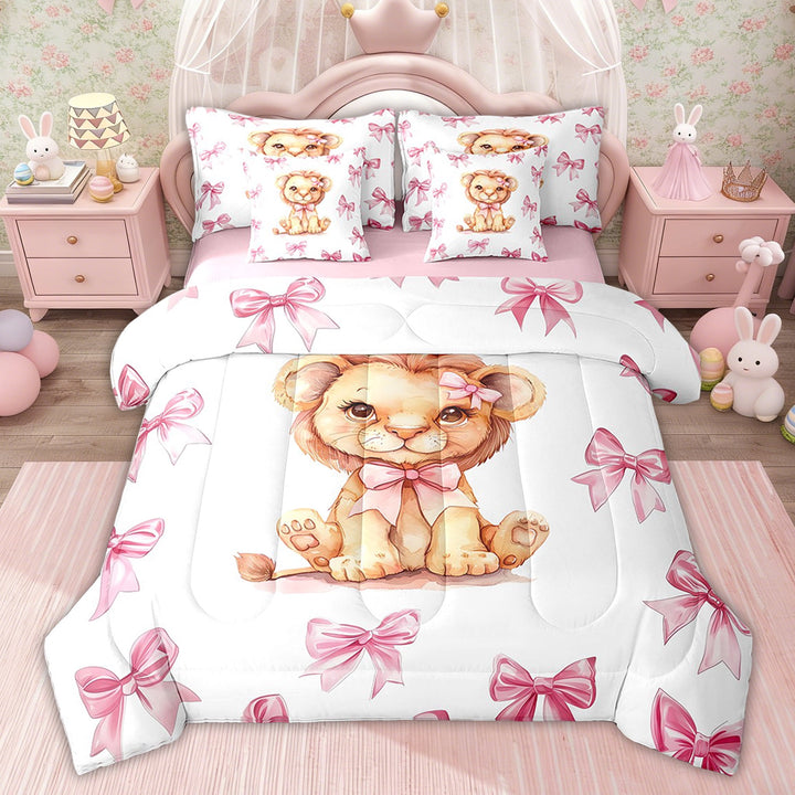 Erosebridal Cartoon Lion Bedding Twin Comforter Set, Pink Bow-tie Down Comforter, Jungle Animal Decor, Pink Reversible 7-Piece