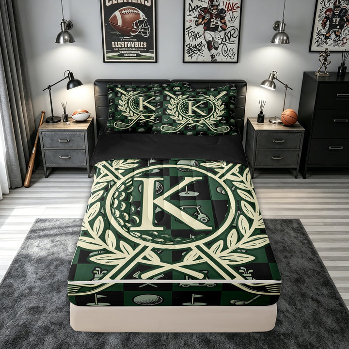 meiyoeat Golf Letter K Zipper Comforter Set with Fitted Sheet and 2 Pillowcases for Men Women, Green Patchwork Buffalo Zipper Bedding Set, Black Reversible, 3 Pieces