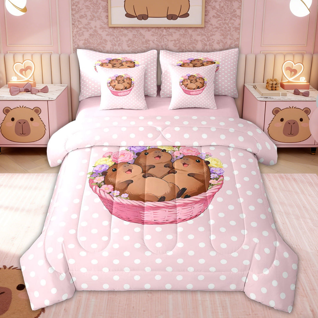 Erosebridal Flower Capybara Twin Bedding Sets for Kid, Polkadots Bedding Comforter Set, Pink Reversible, 7-Piece