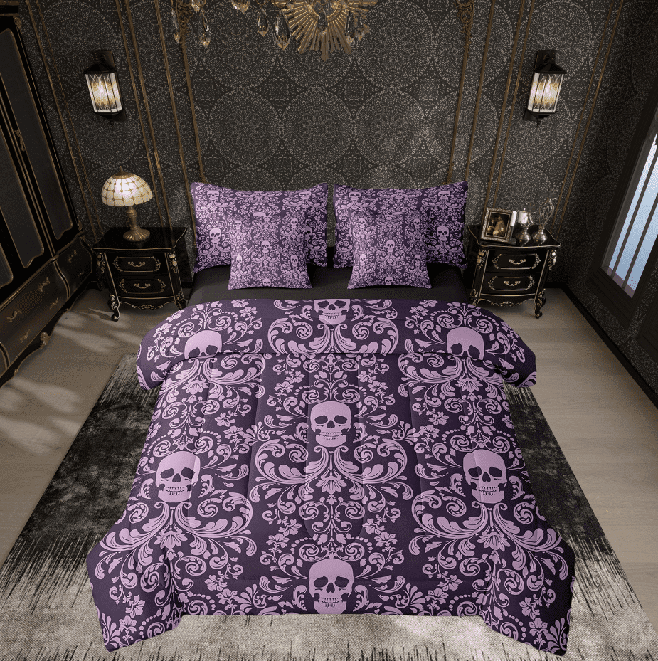 Damask Gothic Bedding Set Adults Antique Victorian Bed in a Bag King Size Comforter Set 7 Pieces,Purple Sugar Skull Sheet Set Vintage Floral Goth Bed Set,Bone Skeleton Bohemian Baroque Decor