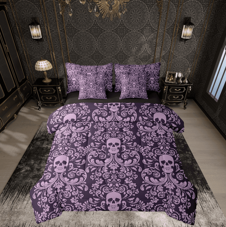 Damask Gothic Bedding Set Adults Antique Victorian Bed in a Bag King Size Comforter Set 7 Pieces,Purple Sugar Skull Sheet Set Vintage Floral Goth Bed Set,Bone Skeleton Bohemian Baroque Decor