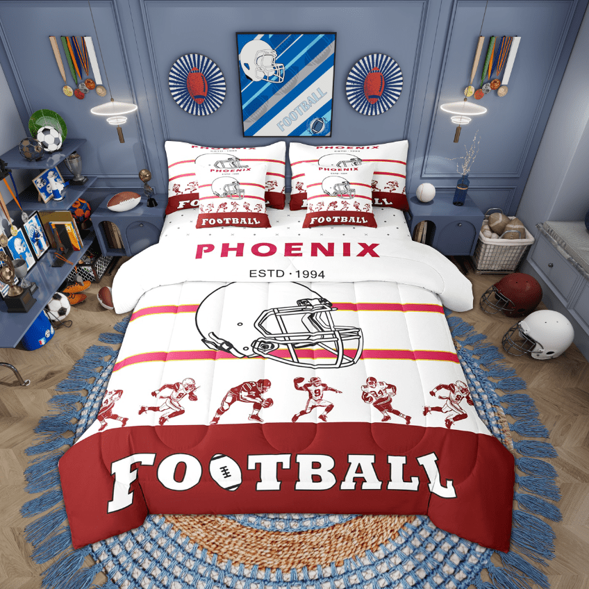 Erosebridal Football Comforter Set Twin Size 7 Piece Bed in A Bag American Football Bedding Set Teens Super Soft All Season for Bedroom,Rugby Reversible Bed Sets(Phoenix)