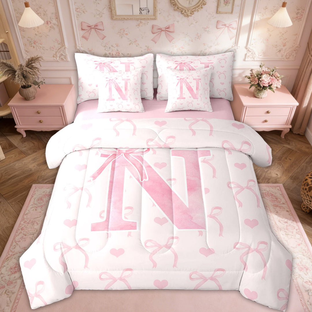 Erosebridal Girly Fairly Bedding Sets Twin Size, Romantic Initial N Comforter Sets with Sheets, Kawaii Pink Bowknot, Reversible 7pcs