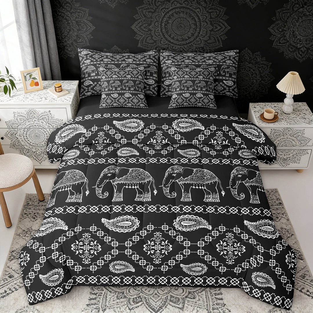 Erosebridal Bohemian Black Paisley Twin Bedding Sets, Hippie Elephant Bedding Comforter Set, Black Reversible 7pcs
