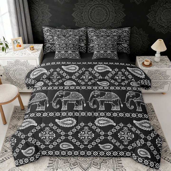 Erosebridal Bohemian Black Paisley Twin Bedding Sets, Hippie Elephant Bedding Comforter Set, Black Reversible 7pcs