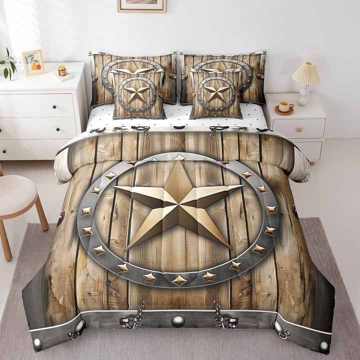 Western Texas Star Comforter Set - 7 Pieces Bed in a Bag Set,Vintage Retro Circle King Bedding Set with All Season Quilt,Grunge Rustic Wooden Plank Flat Sheet,Fitted Sheet,Pillowcases