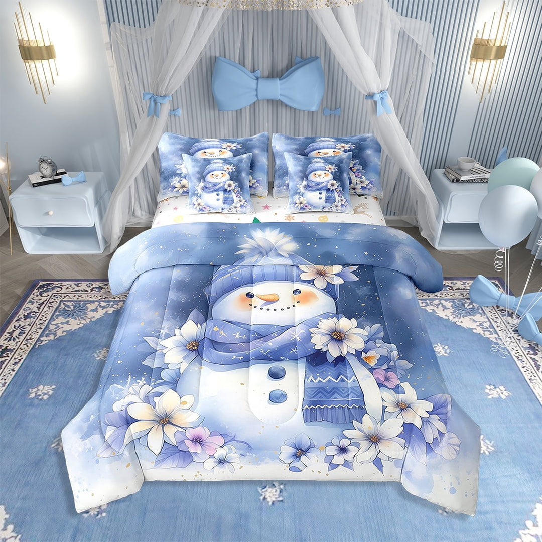 Erosebridal Christmas Snowman Twin Bedding Set 7 Pieces, 1 Merry Xmas Comforter,1 Flower Floral Fitted Sheet, 1 Winter New Year Flat Sheet, 2 Purple Pillow Cases,2 Throw Pillow Covers