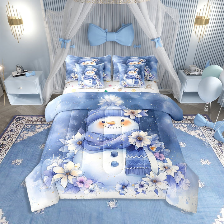Erosebridal Christmas Snowman Twin Bedding Set 7 Pieces, 1 Merry Xmas Comforter,1 Flower Floral Fitted Sheet, 1 Winter New Year Flat Sheet, 2 Purple Pillow Cases,2 Throw Pillow Covers