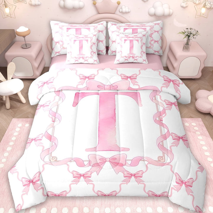 Erosebridal Letter T Monogrammed 7-Piece Twin Bedding Sets,Girly Bowknot Princess Bedding Comforter Set For Kids Women,Reversible pink